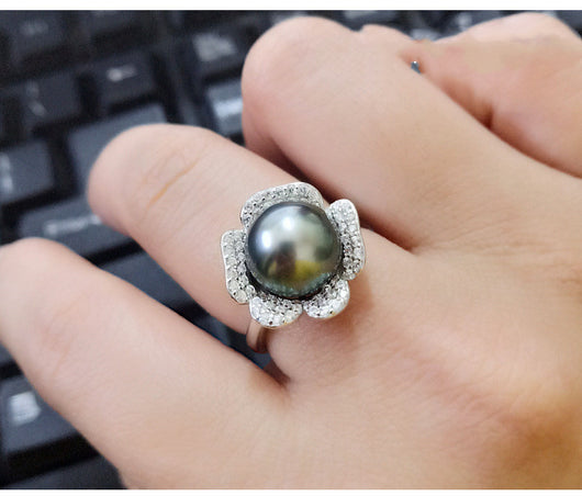 Anillo de Perla Tahití Negra Redonda 9-10mm en Plata 925 - Image 7