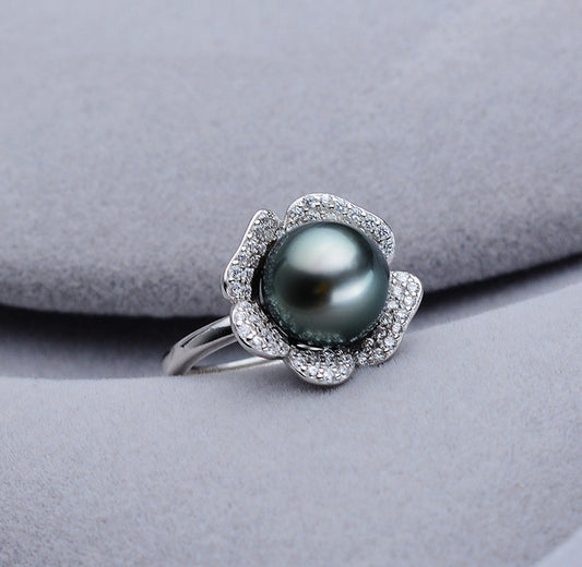 Anillo de Perla Tahití Negra Redonda 9-10mm en Plata 925