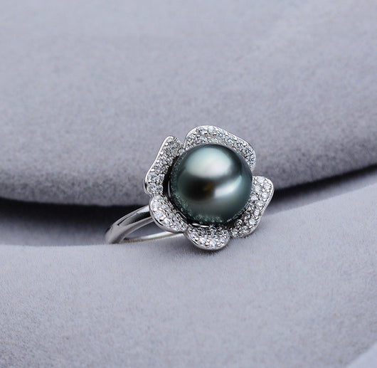 Anillo de Perla Tahití Negra Redonda 9-10mm en Plata 925