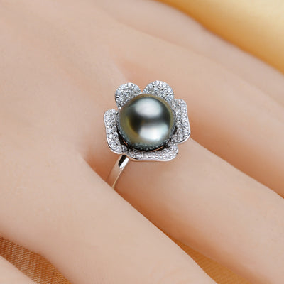 Anillo de Perla Tahití Negra Redonda 9-10mm en Plata 925 - Image 2