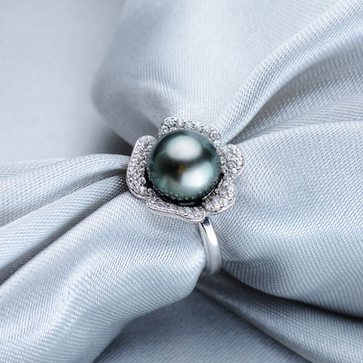 Anillo de Perla Tahití Negra Redonda 9-10mm en Plata 925 - Image 3