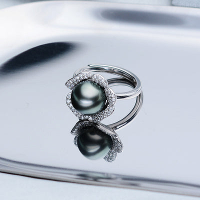 Anillo de Perla Tahití Negra Redonda 9-10mm en Plata 925 - Image 4