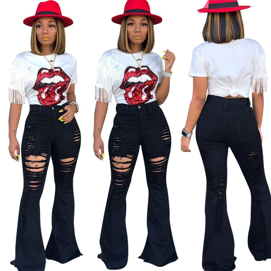 Pantalones Acampanados Rotos con Flecos para Mujer - Image 2
