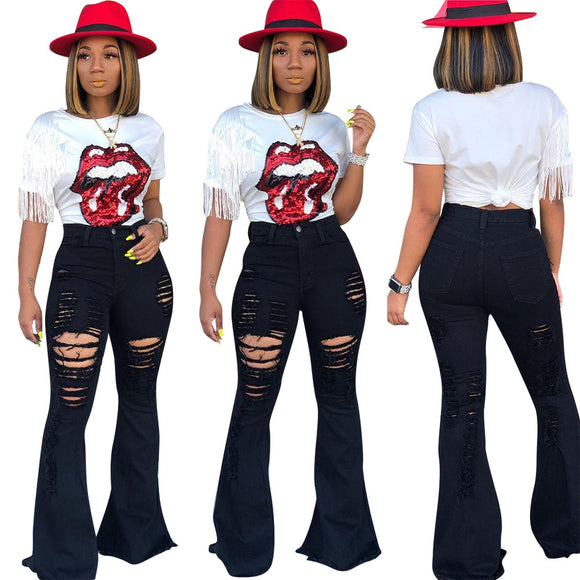 Pantalones Acampanados Rotos con Flecos para Mujer