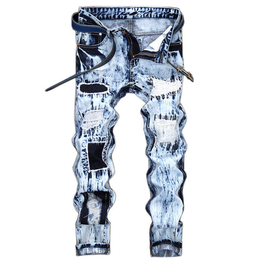 Pantalones Vaqueros Hombre Diseño Europeo con Parches Bordados y Rotos
