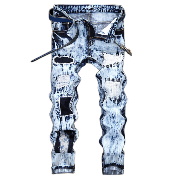 Pantalones Vaqueros Hombre Diseño Europeo con Parches Bordados y Rotos