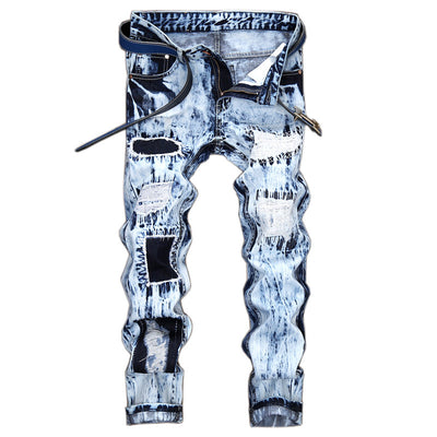 Pantalones Vaqueros Hombre Diseño Europeo con Parches Bordados y Rotos