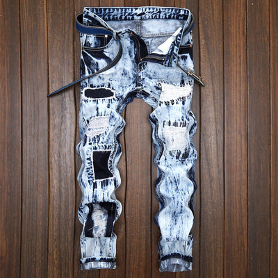 Pantalones Vaqueros Hombre Diseño Europeo con Parches Bordados y Rotos - Image 6