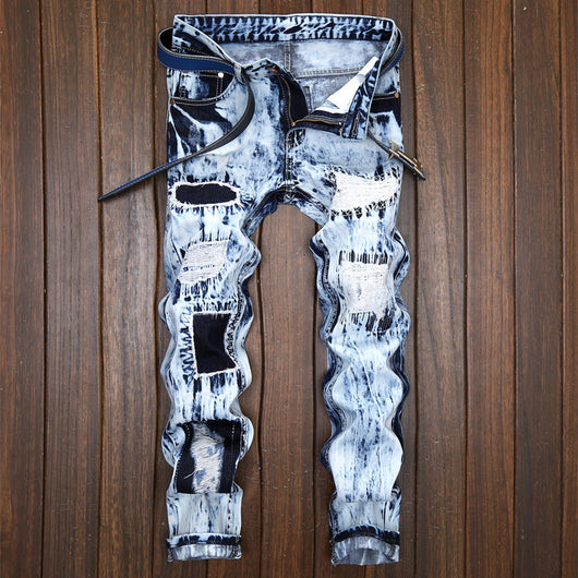 Pantalones Vaqueros Hombre Diseño Europeo con Parches Bordados y Rotos - Image 6