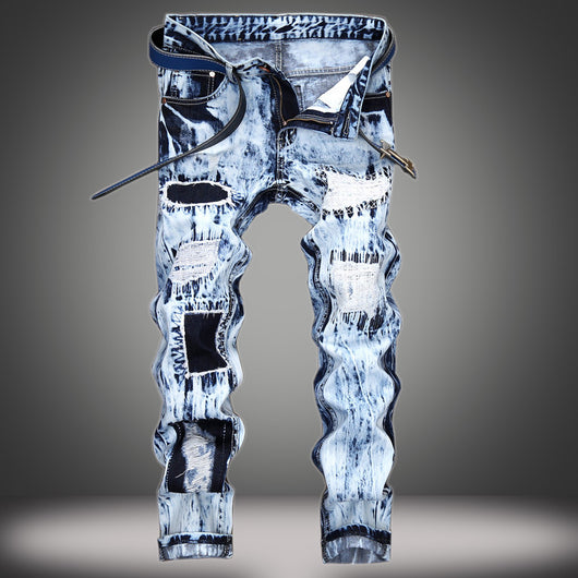 Pantalones Vaqueros Hombre Diseño Europeo con Parches Bordados y Rotos - Image 5