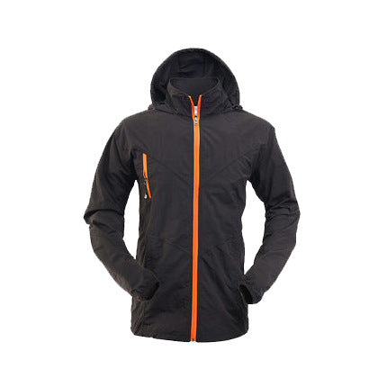 Men's olive green quick-drying jacket with a hood and bright orange front zipper, suitable for outdoor activities. - Image 8