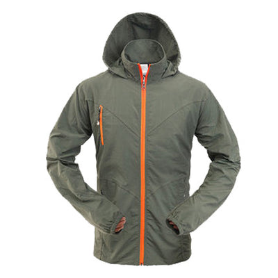 Men's olive green quick-drying jacket with a hood and bright orange front zipper, suitable for outdoor activities. - Image 10