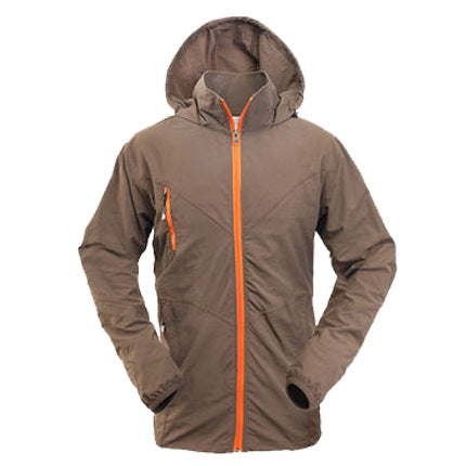 Men's olive green quick-drying jacket with a hood and bright orange front zipper, suitable for outdoor activities. - Image 9