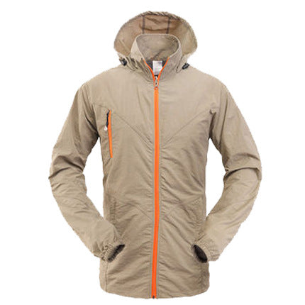 Men's olive green quick-drying jacket with a hood and bright orange front zipper, suitable for outdoor activities. - Image 11