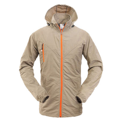 Men's olive green quick-drying jacket with a hood and bright orange front zipper, suitable for outdoor activities. - Image 4