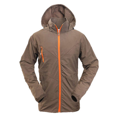 Men's olive green quick-drying jacket with a hood and bright orange front zipper, suitable for outdoor activities. - Image 3