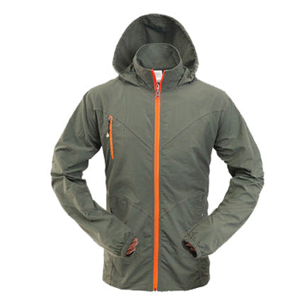 Men's olive green quick-drying jacket with a hood and bright orange front zipper, suitable for outdoor activities. - Image 2