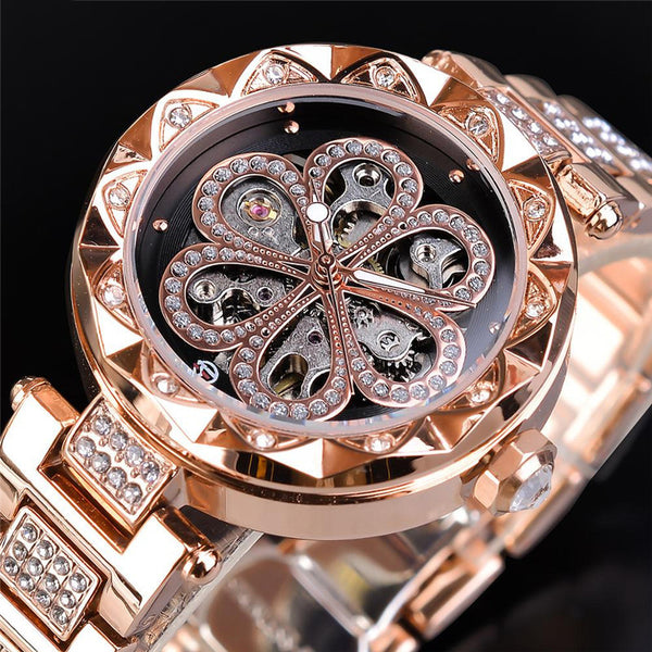 Reloj Mecánico Elegante para Mujer con Cristales y Diseño Hueco
