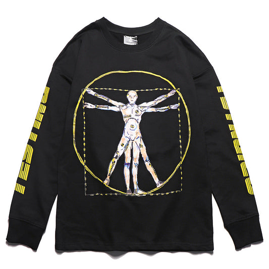 Playera Unisex de Algodón Puro con Estampado Robot - Manga Larga Holgada