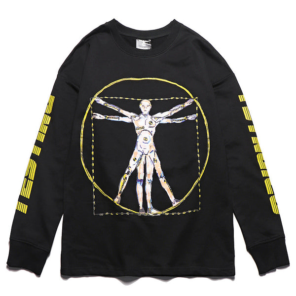 Playera Unisex de Algodón Puro con Estampado Robot - Manga Larga Holgada