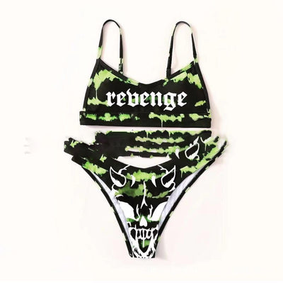 Women's black and neon green tie-dye bikini with 'revenge' text and a white horned skull graphic. - Image 4