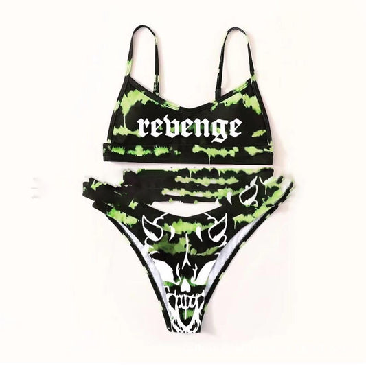 Women's black and neon green tie-dye bikini with 'revenge' text and a white horned skull graphic.