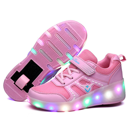 Blue and lime green girls' roller skates with light-up soles and retractable heel wheels. - Image 10