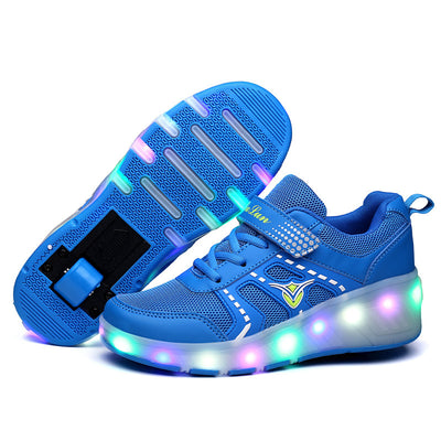 Blue and lime green girls' roller skates with light-up soles and retractable heel wheels. - Image 11