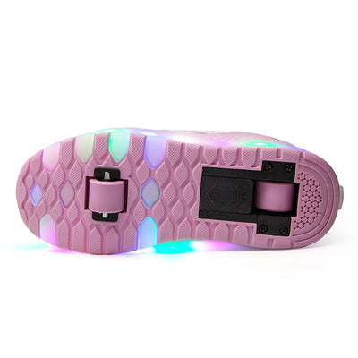 Blue and lime green girls' roller skates with light-up soles and retractable heel wheels. - Image 3
