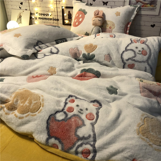 Juego de Sábanas Princesa Corazón Copo de Nieve - Terciopelo Coral 4 Piezas - Image 12