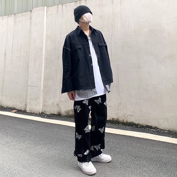 Jeans Rectos Harajuku con Estampado Reflectante y Detalles de Borlas - Estilo Street Hip-Hop