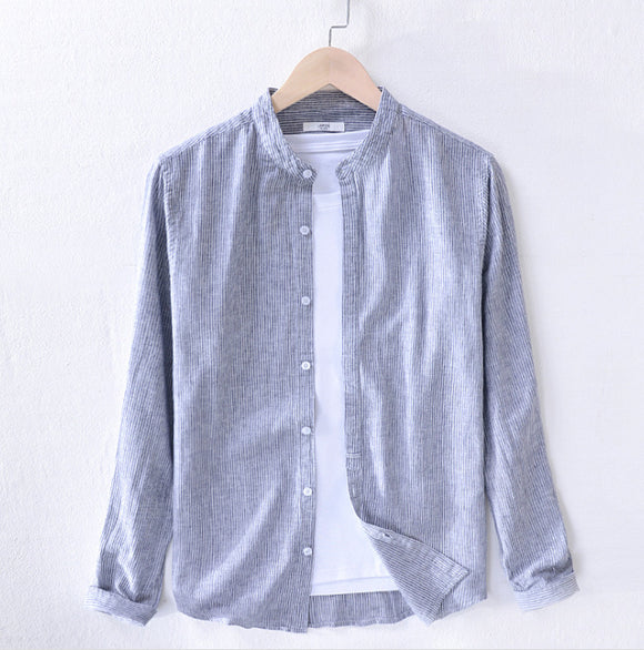 Camisa Casual de Algodón y Lino de Manga Larga