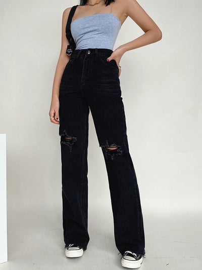 Pantalones Vaqueros Retro Rotos Cintura Alta Loose Fit Efecto Drapeado - Image 8