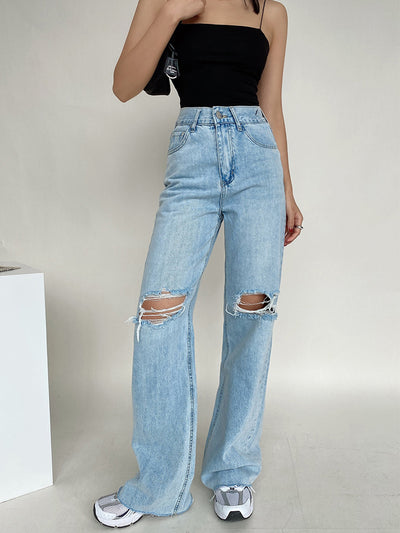 Pantalones Vaqueros Retro Rotos Cintura Alta Loose Fit Efecto Drapeado - Image 5