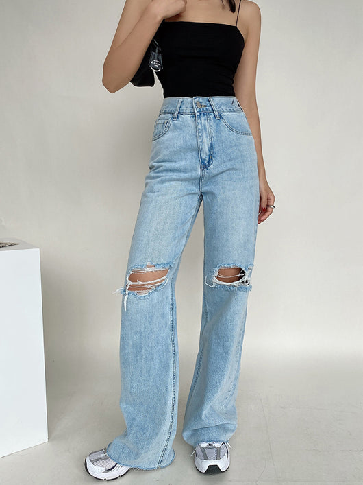Pantalones Vaqueros Retro Rotos Cintura Alta Loose Fit Efecto Drapeado - Image 5