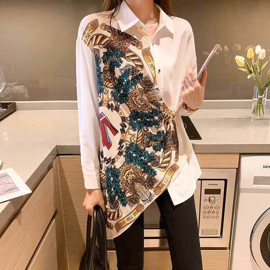 Blusa Retro Coreana con Costuras Irregulares y Manga Larga para Mujer