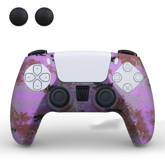 PS5 controller with a white silicone sleeve featuring a vibrant, abstract eye pattern, shown with two black thumb grip caps. - Image 25