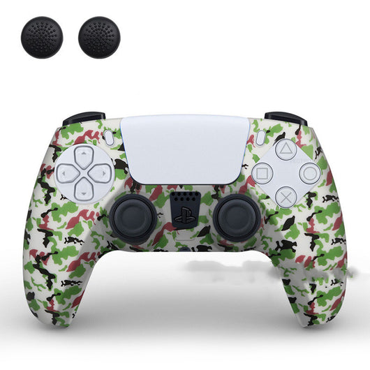 PS5 controller with a white silicone sleeve featuring a vibrant, abstract eye pattern, shown with two black thumb grip caps. - Image 3