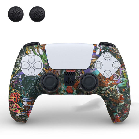 PS5 controller with a white silicone sleeve featuring a vibrant, abstract eye pattern, shown with two black thumb grip caps. - Image 2