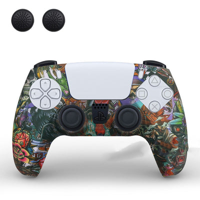 PS5 controller with a white silicone sleeve featuring a vibrant, abstract eye pattern, shown with two black thumb grip caps. - Image 2