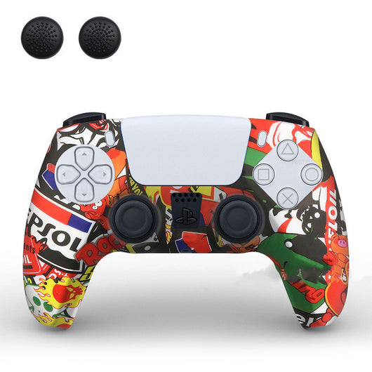 PS5 controller with a white silicone sleeve featuring a vibrant, abstract eye pattern, shown with two black thumb grip caps. - Image 4
