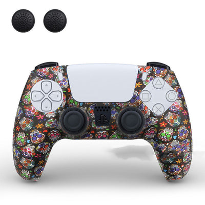 PS5 controller with a white silicone sleeve featuring a vibrant, abstract eye pattern, shown with two black thumb grip caps. - Image 8