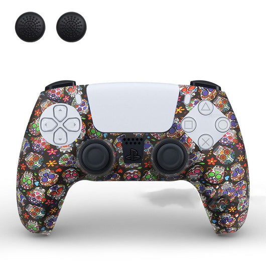 PS5 controller with a white silicone sleeve featuring a vibrant, abstract eye pattern, shown with two black thumb grip caps. - Image 8