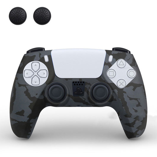 PS5 controller with a white silicone sleeve featuring a vibrant, abstract eye pattern, shown with two black thumb grip caps. - Image 6