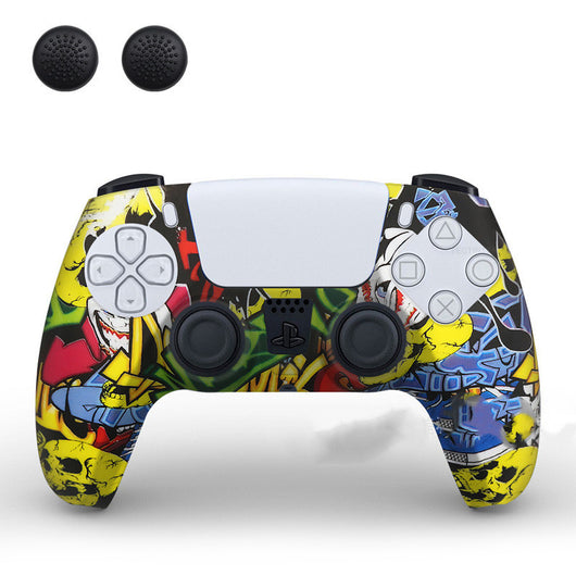 PS5 controller with a white silicone sleeve featuring a vibrant, abstract eye pattern, shown with two black thumb grip caps. - Image 13