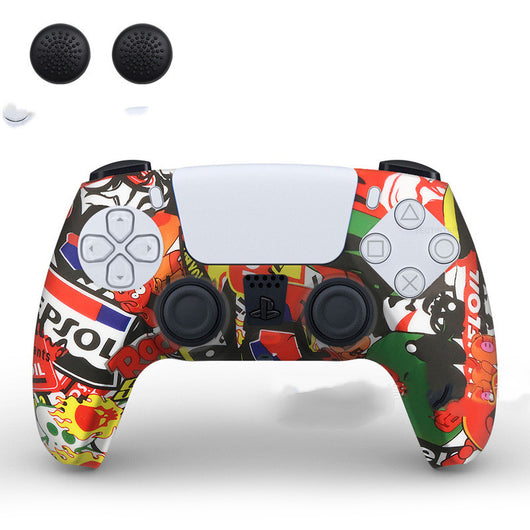 PS5 controller with a white silicone sleeve featuring a vibrant, abstract eye pattern, shown with two black thumb grip caps. - Image 12