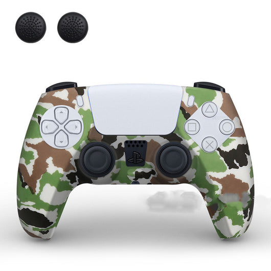 PS5 controller with a white silicone sleeve featuring a vibrant, abstract eye pattern, shown with two black thumb grip caps. - Image 10