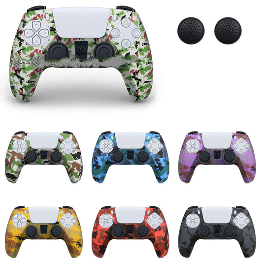 PS5 controller with a white silicone sleeve featuring a vibrant, abstract eye pattern, shown with two black thumb grip caps. - Image 14