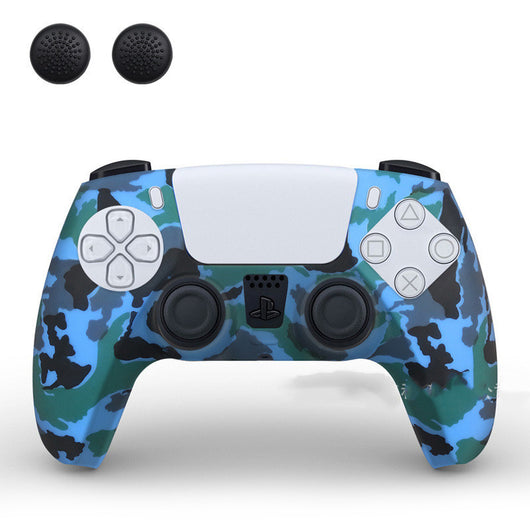 PS5 controller with a white silicone sleeve featuring a vibrant, abstract eye pattern, shown with two black thumb grip caps. - Image 15