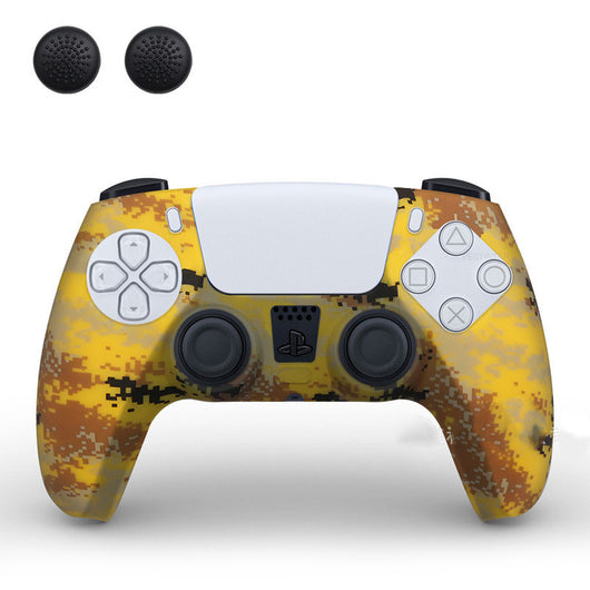 PS5 controller with a white silicone sleeve featuring a vibrant, abstract eye pattern, shown with two black thumb grip caps. - Image 16